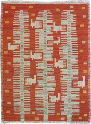 Traditional Zone Swedish Kilim Orange Modernist Peacock Mid-20th century152 x 196cm dealer: The Nemati Collection, New York