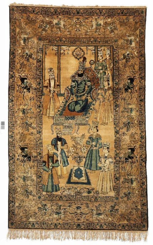 kerman Antique Kerman Lavar, Persia. Design of Nader Shah sitting at the throne surrounded by servants, advisers and wise men, mainborder with hunting secenries. Top with inscription: Nader Shah. C. 1900. 233 x 144 cm.