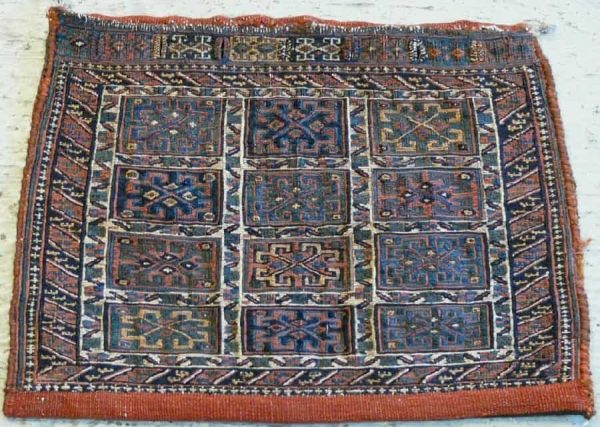 Afshar Soumac Khorjin 57cm x 42cm 19th century. Exhibitor Aaron Nejad at Larta