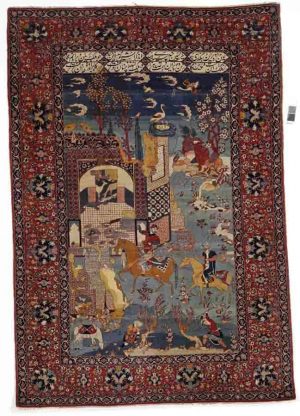 Antique Isfahan rug, Persia. Scenery with legendary Persian history, upper end with famous poems. Early 20th century. 216 x 150 cm. Est. 2000-2800.- Euro.