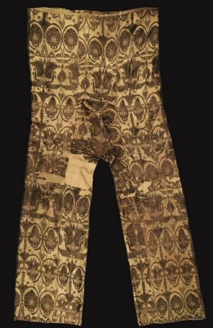 136 A RARE PAIR OF SILK LAMPAS TROUSERS, SOGDIANA, CENTRAL ASIA, 7TH/8TH CENTURY
