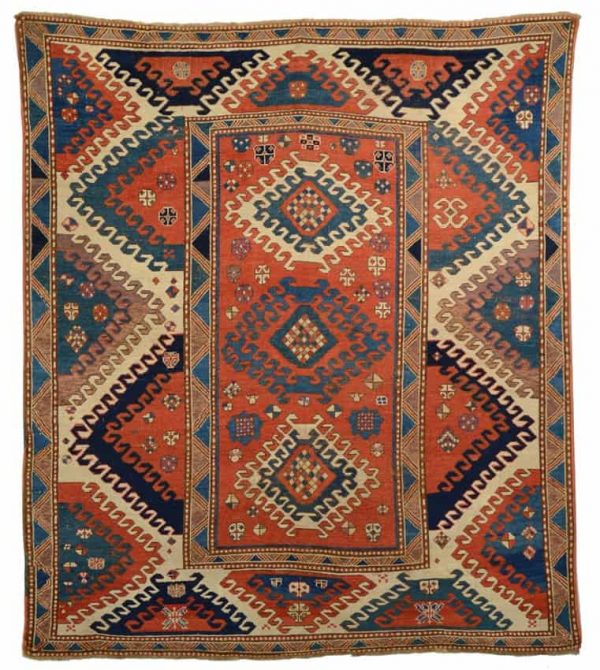 Borjalou Kazak Rug, Caucasus, mid 19th century; 7 foot 1x 6 foot; est.: ,000-20,000. From the Collection of James Opie.
