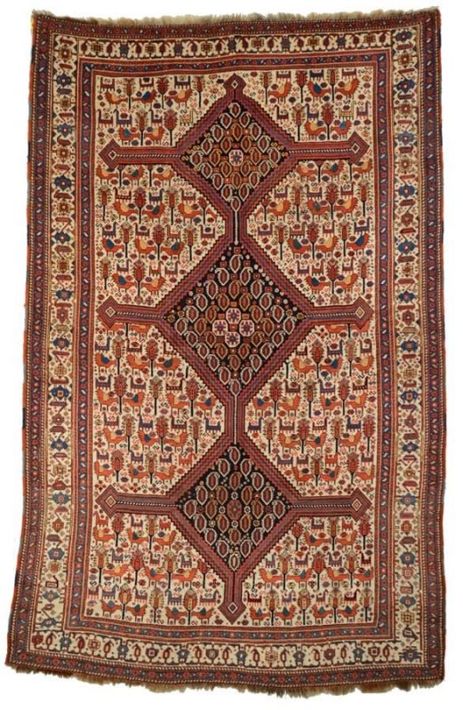 Khampseh Rug, Persia, circa 1900; 8 foot 5 inches x 5 foot 6 inches; est.: ,000-12,000. From the Collection of James Opie.