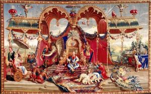The Audience of the Emperor, 1722–1723. France, Beauvais.Wool, Designed by Guy Louis Vernansal (French, 1648-1729), Jean Baptiste Belin de Fontenay (French, 1653-1715), and possibly Jean-Baptiste Monnoyer (French 1634-1699). France, Beauvais, Phillipe Behagle Atelier silk; tapestry weave. 317.5 x 502.9 cm (125 x 198 in.) Roscoe and Margaret Oakes Collection. 59.49.1