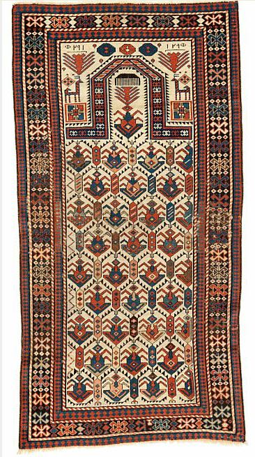 Lot 270. An antique dated Akstafa prayer rug, Caucasus. Dated 1290=1874. 162 x 83 cm. Estimate € 2,700