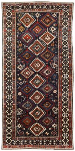 Bruun Rasmussen Auction 919 on 5 March 2024. Lot 185. A double dated Shirvan tribal rug, Caucasus. All over design of multi colored hooked gül ornaments. Dated 1313=1895. 319 x 150 cm. Estimate 6.700 Euro. Hammerprice 4,024 Eoro,