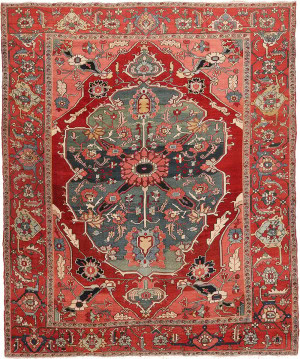 Antique Persian Green Medallion Serapi Rug 10 ft 7 in x 8 ft 8 in (3.23 m x 2.64 m)