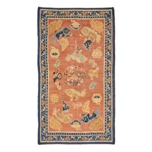 Early Ningxia Carpet with Nine Guardian Lions China 5 ft. 9 in. x 11 ft. 2 in.